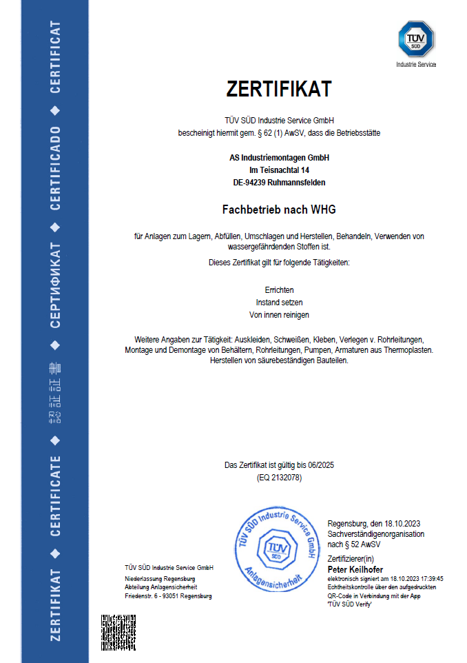 TÜV Industrie Service Zertifikat WHG Fachbetrieb