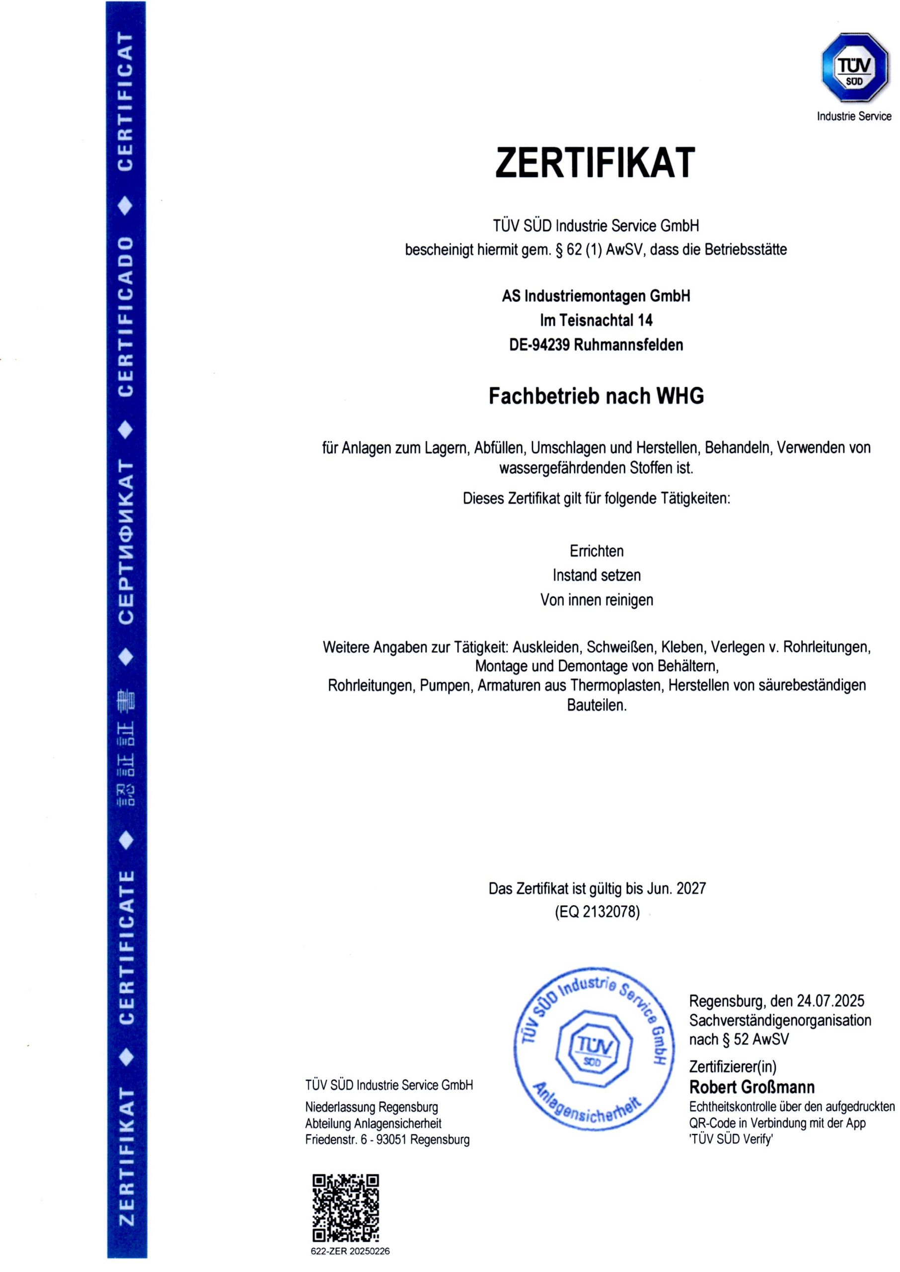 TÜV Industrie Service Zertifikat WHG Fachbetrieb